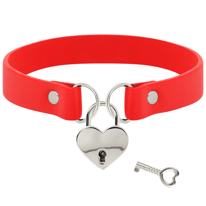 COQUETTE CHIC DESIRE - RED VEGAN LEATHER NECKLACE WITH HEART ACCESSORY WITH KEY 5