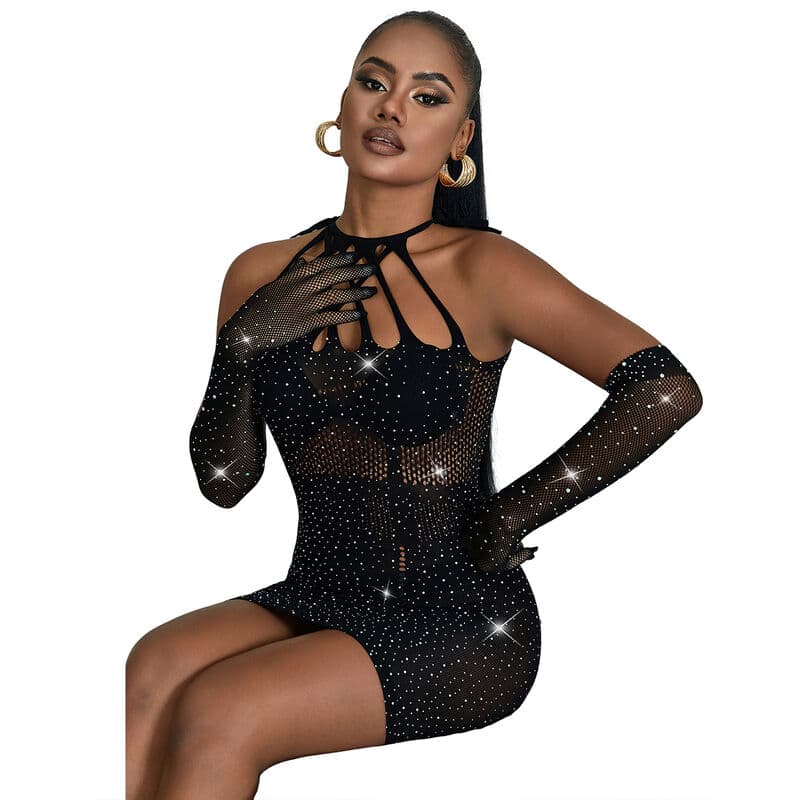 SUBBLIME - 952235 FISHNET DRESS WITH RHINESTONES  BLACK ONE SIZE 5