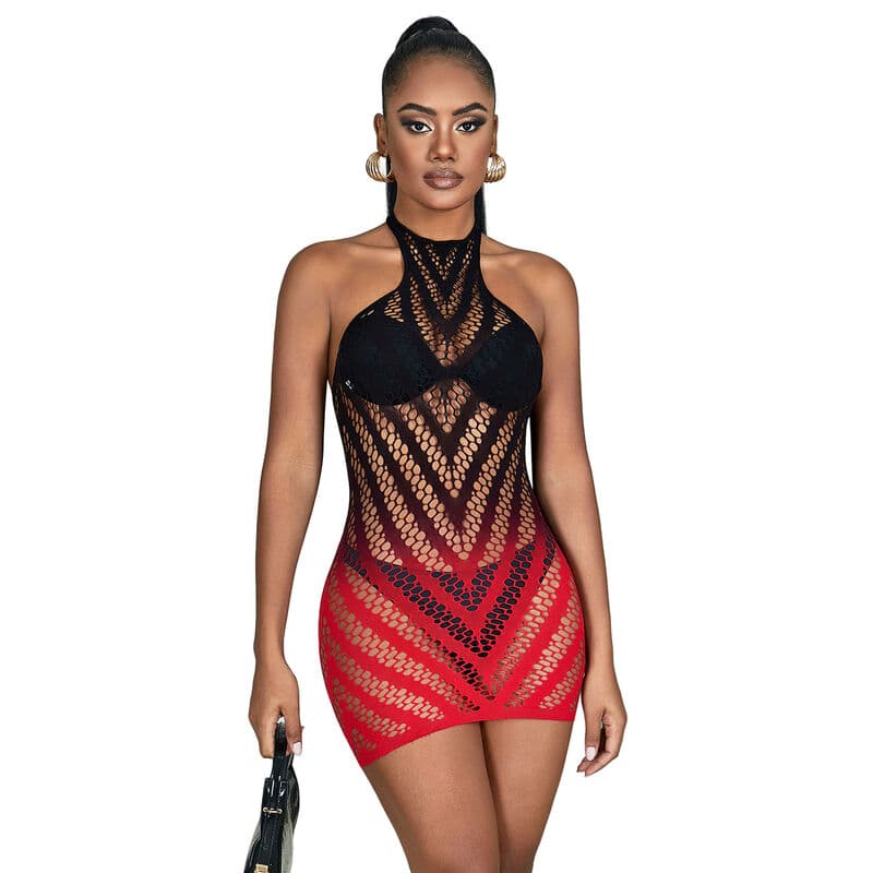 SUBBLIME - 952242 RED AND BLACK DEGRADED ELASTIC FISHNET DRESS ONE SIZE 5