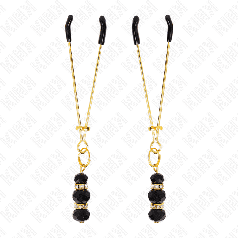 KINK - GOLD THIN NIPPLE CLAMPS WITH 3 BLACK GLASS BEADS 7 CM 2
