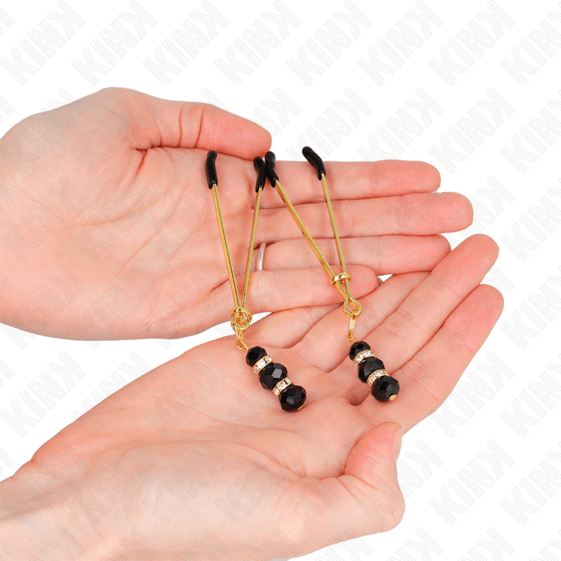 KINK - GOLD THIN NIPPLE CLAMPS WITH 3 BLACK GLASS BEADS 7 CM 5