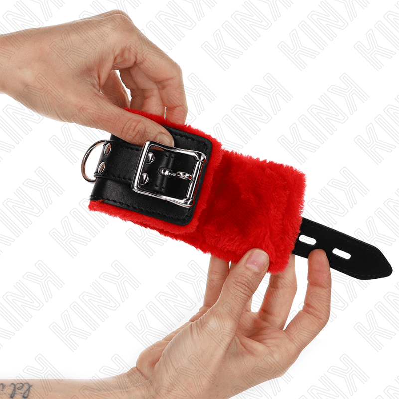 KINK - FUR LINED WRIST RESTRAINTS WITH SQUARE HOLES RED AND BLACK BELT ADJUSTABLE 17-29 CM X 6 CM 2
