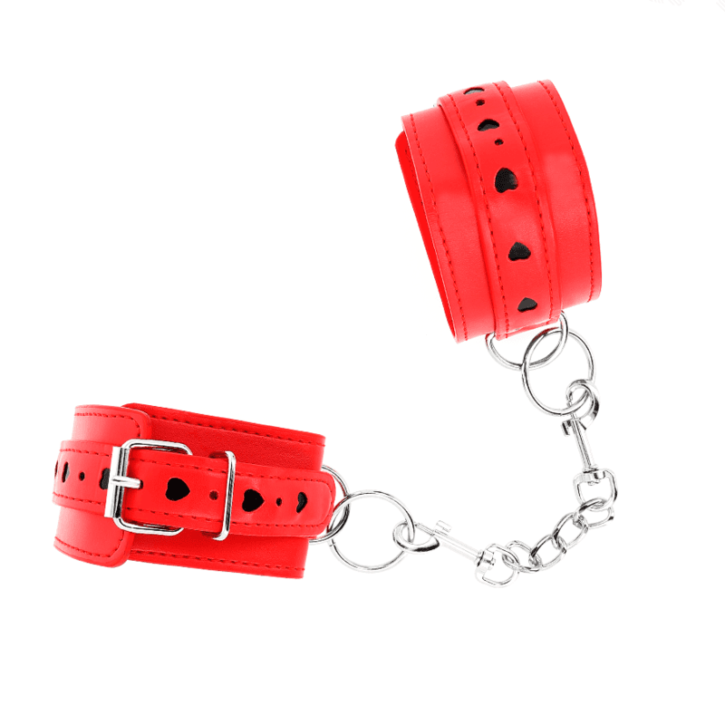 KINK - RED WRIST RESTRAINTS WITH BLACK HEART INLAY ADJUSTABLE 21-28 CM X 5.5 CM 5