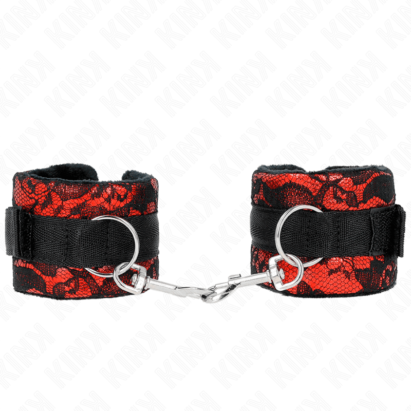 KINK - SHORT VELVET LACE WRIST RESTRAINTS AND NYLON BIND RED / BLACK 23 X 6.5 CM 2