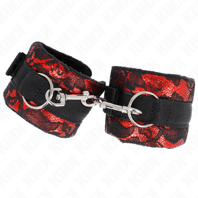 KINK - SHORT VELVET LACE WRIST RESTRAINTS AND NYLON BIND RED / BLACK 23 X 6.5 CM 5