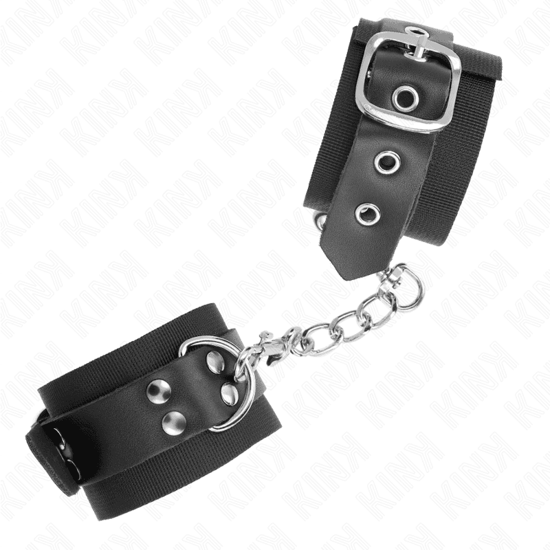 KINK - NYLON WRIST RESTRAINTS BLACK WITH LEATHER BELT BLACK ADJUSTABLE 19-29 CM X 5.1 CM 5