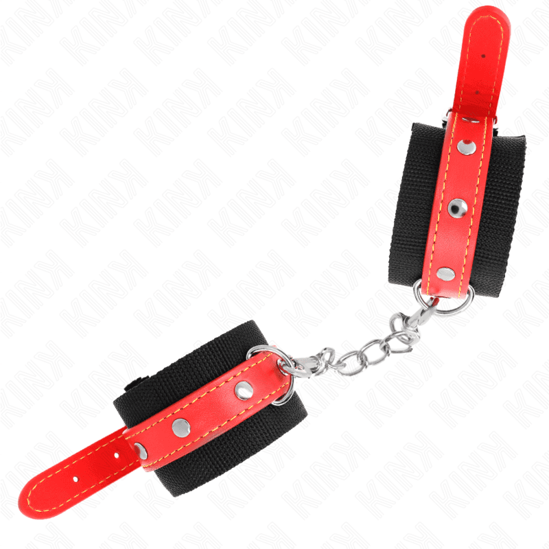 KINK - NYLON WRIST RESTRAINTS BLACK WITH LEATHERETTE RED ADJUSTABLE 19-24 CM X 5.5 CM 5