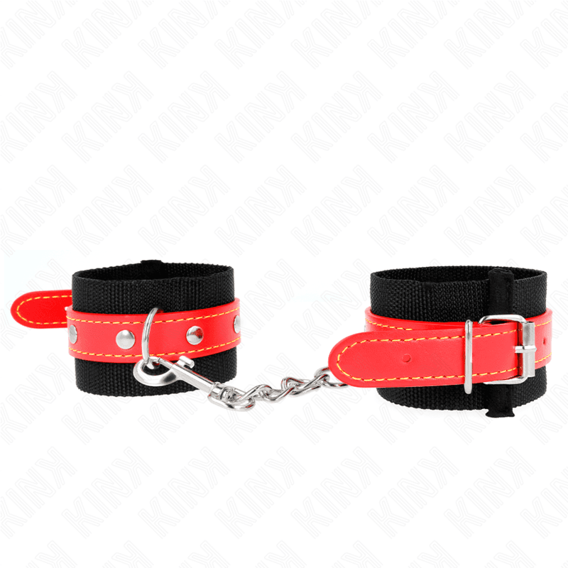 KINK - NYLON WRIST RESTRAINTS BLACK WITH LEATHERETTE RED ADJUSTABLE 19-24 CM X 5.5 CM 2