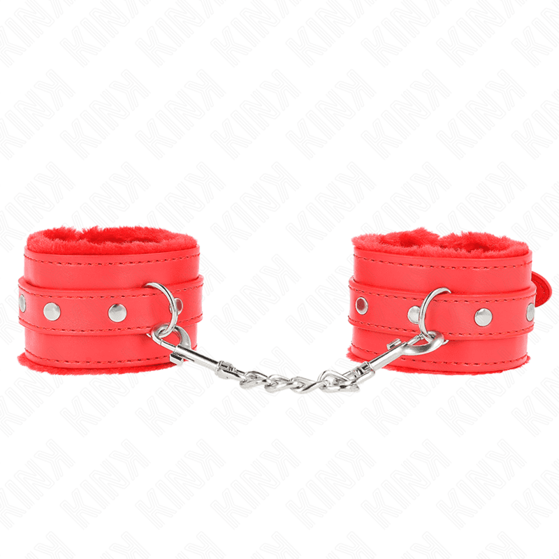 KINK - PREMIUM FUR LINED WRIST RESTRAINTS RED WITH RED BELT ADJUSTABLE 17-29 CM X 6 CM 2