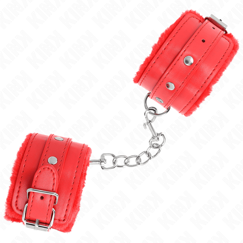 KINK - PREMIUM FUR LINED WRIST RESTRAINTS RED WITH RED BELT ADJUSTABLE 17-29 CM X 6 CM 5
