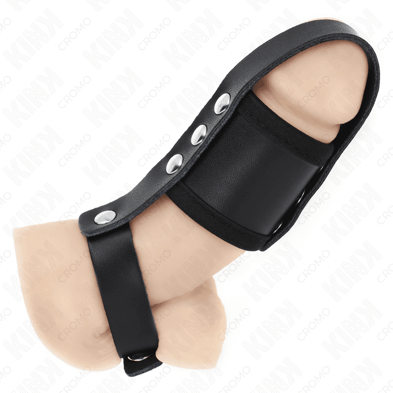 KINK - LEATHER PENIS CAGE RING WITH ADJUSTABLE COATED BALL DIVIDER STRAP 5