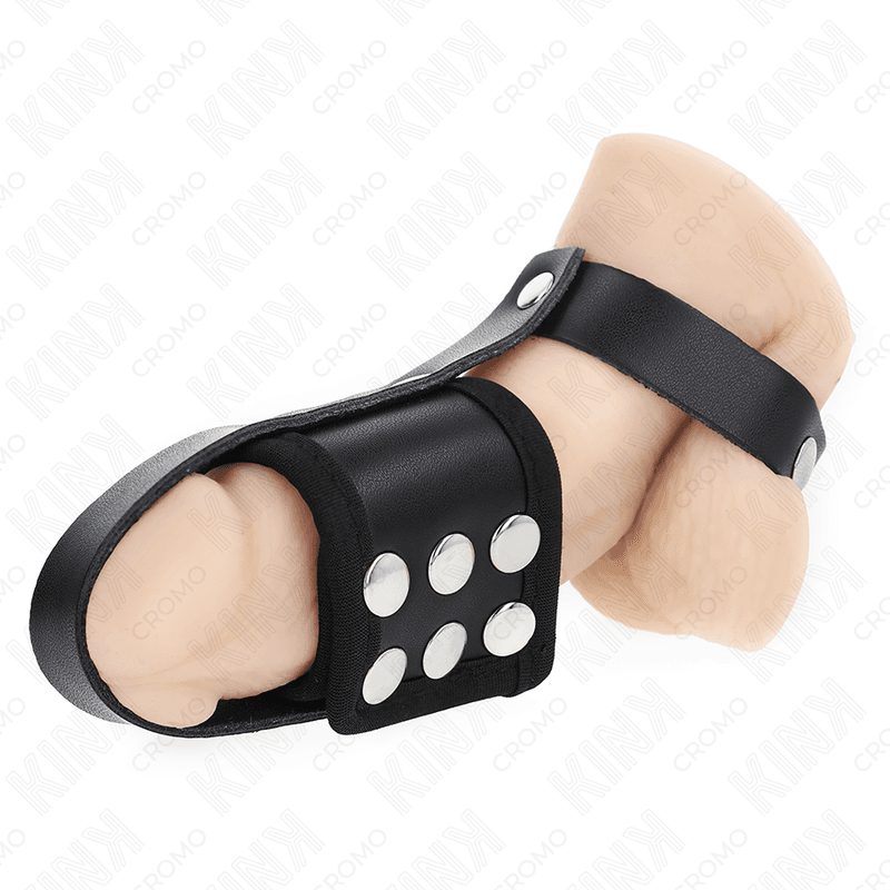 KINK - LEATHER PENIS CAGE RING WITH ADJUSTABLE COATED BALL DIVIDER STRAP 2