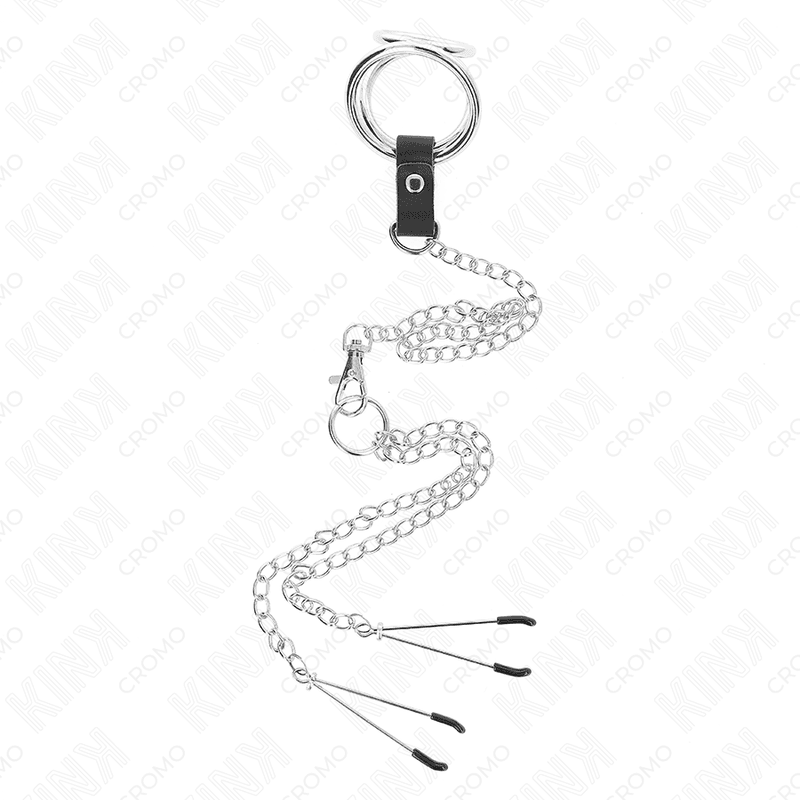 KINK - TRIPLE CHROME METAL PENIS RING 3 CM TO 4.5 CM WITH 26 CM METAL CHAIN AND NIPPLE CLIPS 5