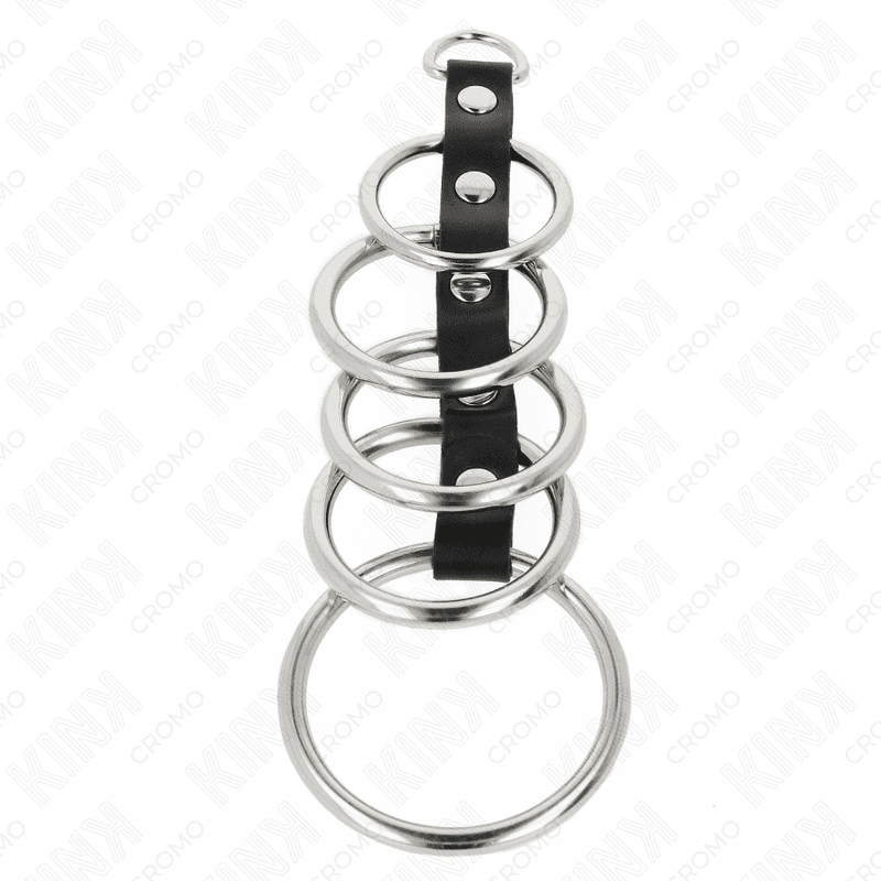 KINK - 5 METAL PENIS RINGS 3.2 CM TO 5 CM CONNECTED BY LEATHER 5