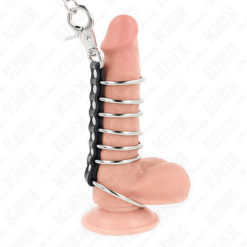 KINK - 7 METAL PENIS RINGS 3.8 CM TO 5 CM CONNECTED WITH LEATHER AND METAL CHAIN 100 CM 2