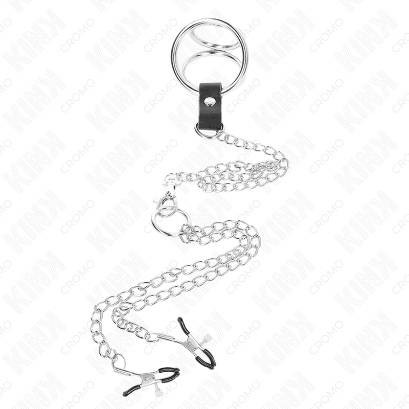 KINK - TRIPLE CHROME METAL PENIS RING 3 CM TO 4.5 CM WITH 26 CM METAL CHAIN AND NIPPLE CLIPS 5