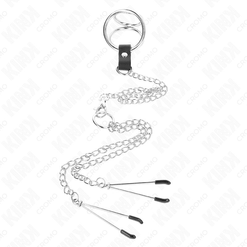 KINK - TRIPLE CHROME METAL PENIS RING 3.8 CM TO 5 CM WITH 26 CM METAL CHAIN AND NIPPLE CLAMPS MODEL 2 5