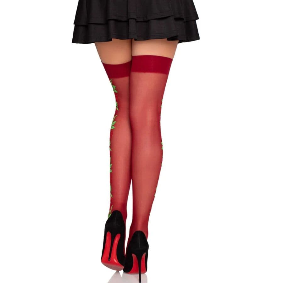 LEG AVENUE - 1957 GARTER BELT STOCKINGS WITH RED FLOWERS - ONE SIZE 4