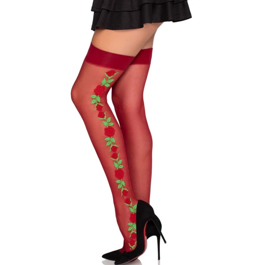 LEG AVENUE - 1957 GARTER BELT STOCKINGS WITH RED FLOWERS - ONE SIZE 2