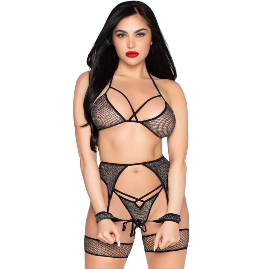 LEG AVENUE - 89362 TOP + THONG+ GARTER BELT + HANDCUFFS SET BLACK - ONE SIZE