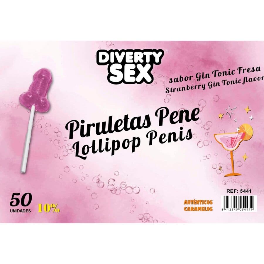 DIABLO GOLOSO - 50 PENIS LOLLIPOPS GIN TONIC STRAWBERRY FLAVOR 10% ALCOHOL