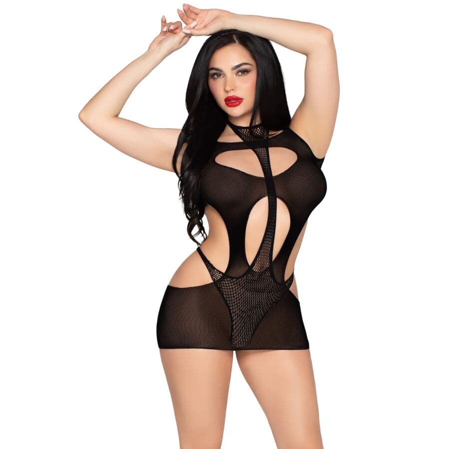 LEG AVENUE - 81680 OPAQUE MINI DRESS AND HALTER TEDDY BLACK - ONE SIZE 2