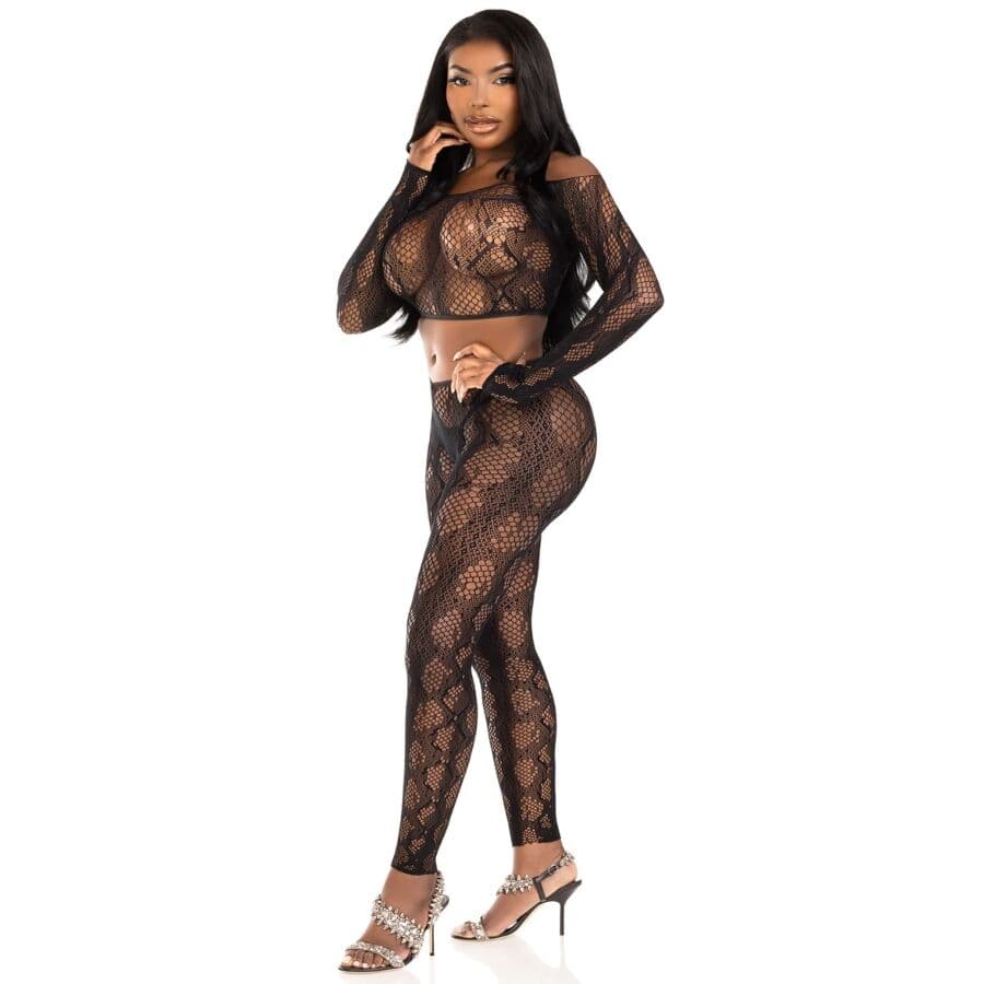 LEG AVENUE - 89373 PYTHON CROP TOP & FOOTLESS TIGHTS BLACK - ONE SIZE 4