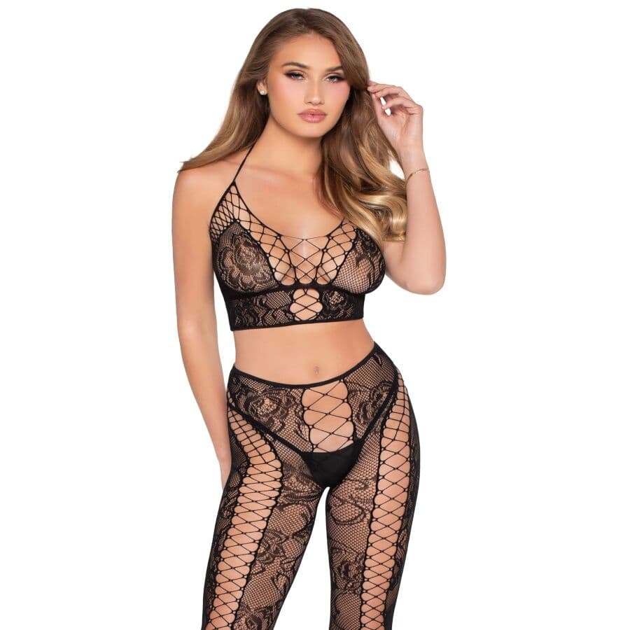LEG AVENUE - 89368 NET & LACE CROP TOP AND TIGHTS BLACK - ONE SIZE 4