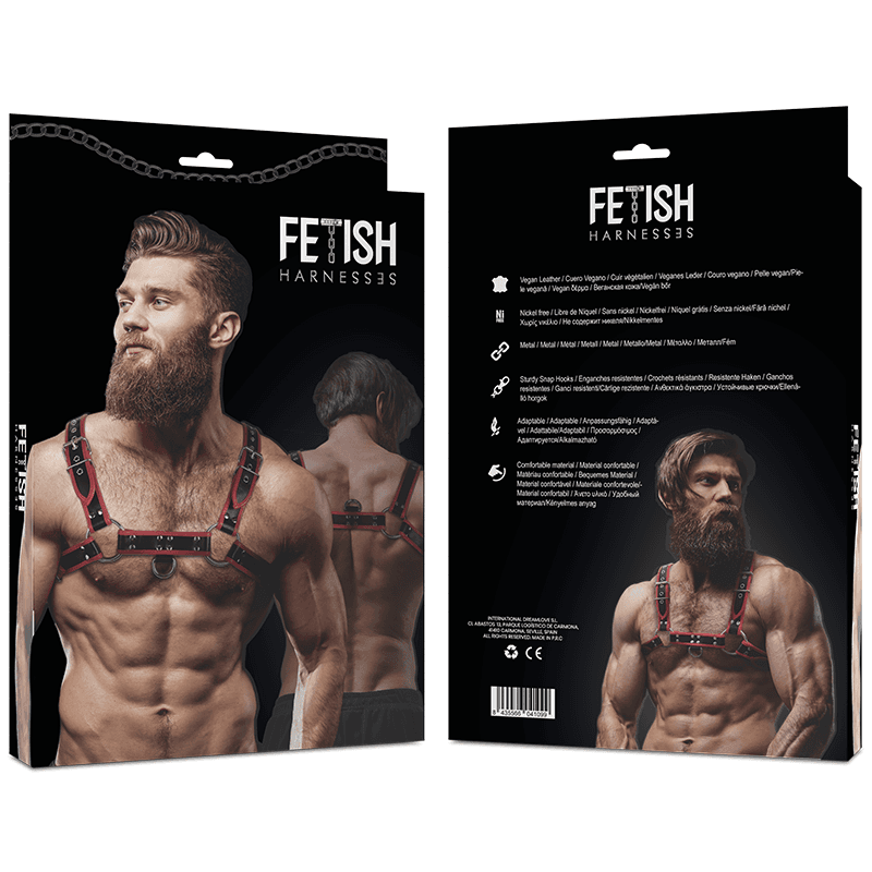 FETISH SUBMISSIVE ATTITUDE - MENS ECO-LEATHER CHEST HARNESS BLACK/RED 2