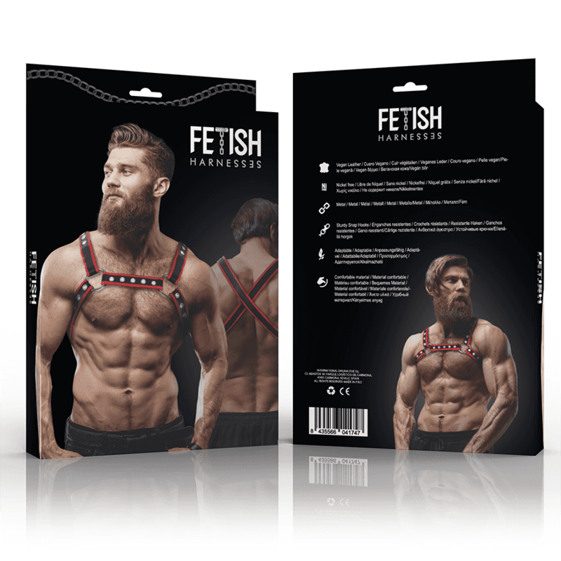 FETISH SUBMISSIVE ATTITUDE - MENS ECO-LEATHER CHEST BULLDOG HARNESS BLACK/RED 2