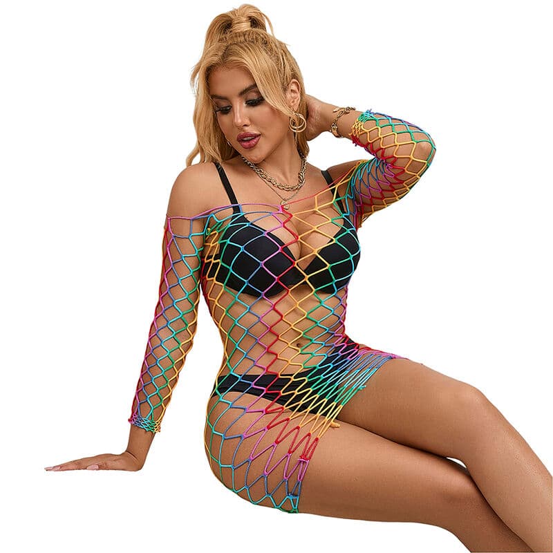 SUBBLIME - 952426 RAINBOW LONG SLEEVE FISHNET DRESS ONE SIZE 2