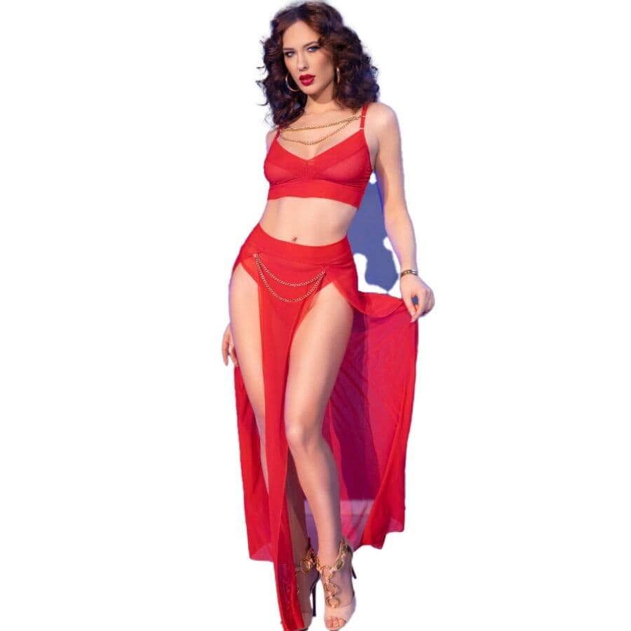 CHILIROSE - CR 4850 RED TOP AND LEGGINGS SET WITH GOLDEN ACCESSORIES L