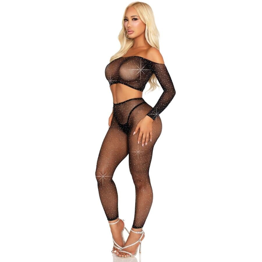 LEG AVENUE - CROP TOP AND FISHNET LEGGING WITH RHINESTONES BLACK 2