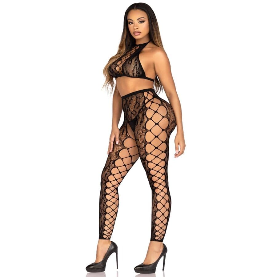LEG AVENUE - 89372 CROP TOP & CROTCHLESS TIGHTS BLACK - ONE SIZE 4